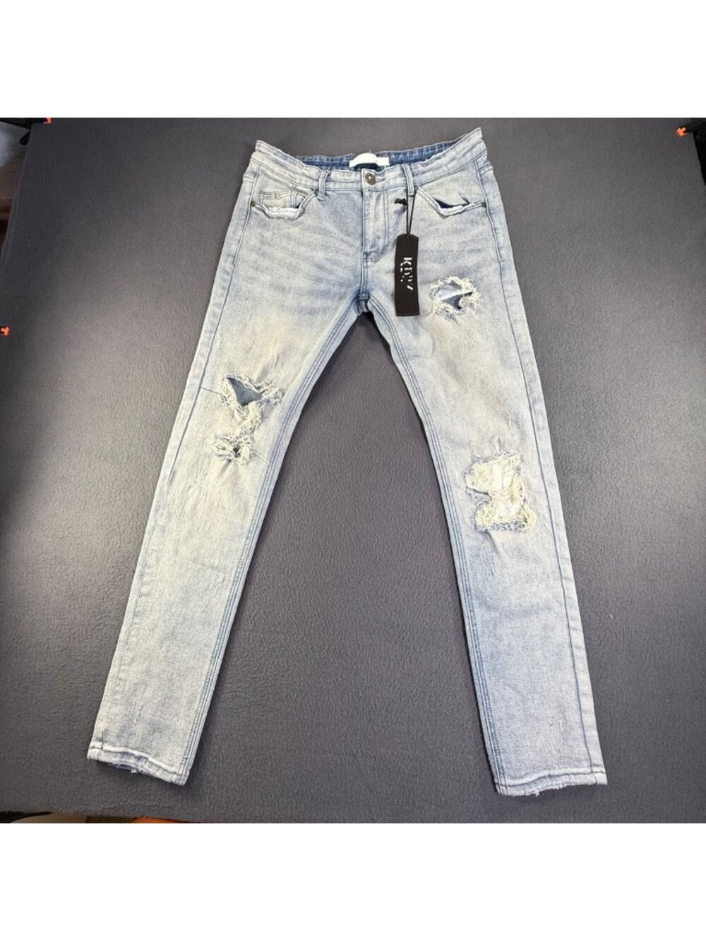 KDNK 11 4 14 11 Skinny Jeans Mens 34x30 Blue Denim Cotton Stretch Distressed